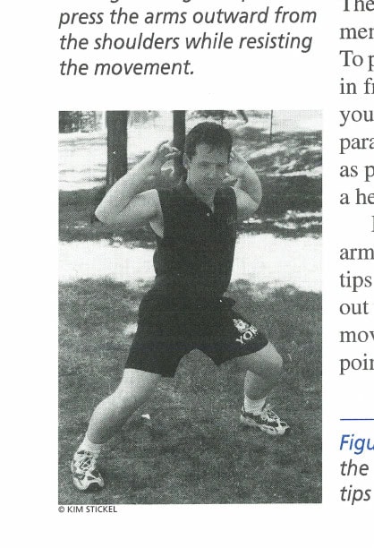 Figure 10: Preparation for Bridges 3 and 4: bring the arms back to the center of the body, fingertips brushing against the tips of the ears.
