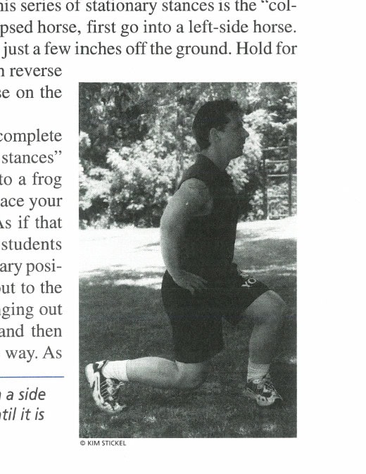 Figure 3: Collapsed horse stance: from a side horse position, drop the back knee until it is two to three inches off the ground.