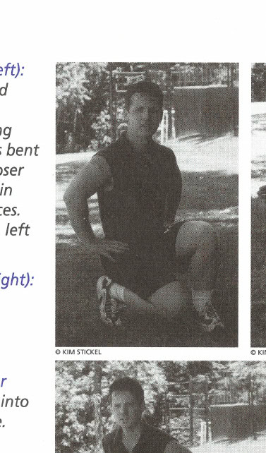 Figure 4 (top left): Frog stance and "walking" sequence. Starting position: knees bent deeply, feet closer together than in the horse stances. Right leg back, left leg forward.