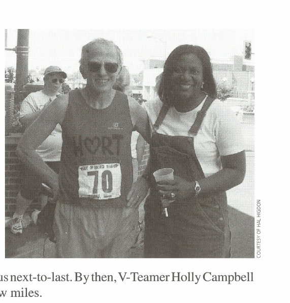 Hal's support crew: Yolanda Holmes (right) at the finish and Holly Campbell (below left) walking with him in the last mile.