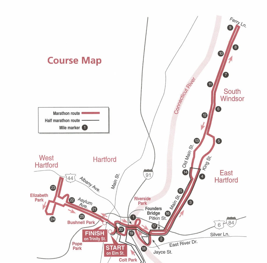 Course Map showing the Greater Hartford Marathon and Half-Marathon routes, with mile markers, starting on Elm Street and finishing on Trinity Street near Bushnell Park.
