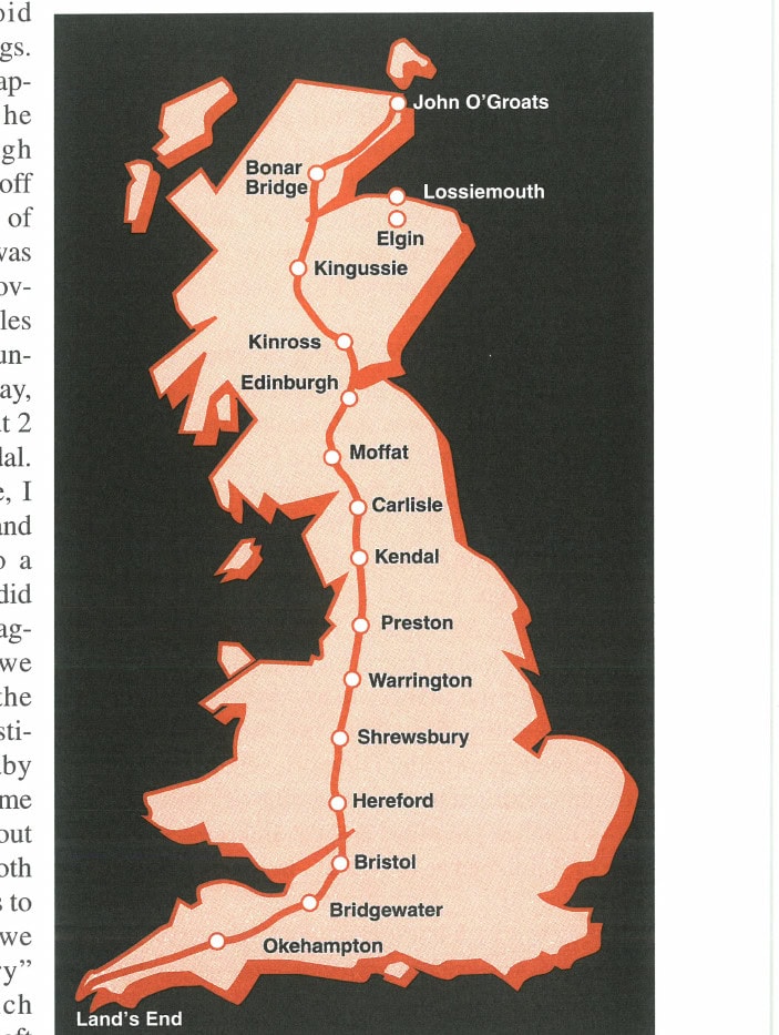 The Long and Winding Road 14 Map of Great Britain showing the route from John O'Groats to Land's End, with key waypoints including Bonar Bridge, Lossiemouth, Elgin, Kingussie, Kinross, Edinburgh, Moffat, Carlisle, Kendal, Preston, Warrington, Shrewsbury, Hereford, Bristol, Bridgewater, Okehampton, and Land's End.