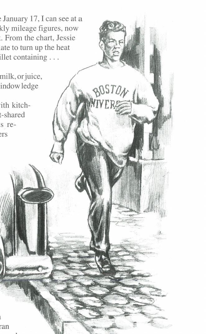 Illustration of a runner in a Boston University sweatshirt. Art by Andy Yelenak.