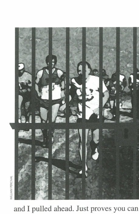 Illustration of runners seen through prison bars. (Illustration by William Percival)