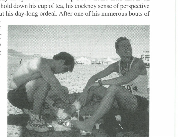 Physical therapist Eric Speck tends to injuries sustained by Lisa Smith. Despite being one of the world's most experienced adventure racers, Smith suffered in the Sahara along with everyone else.