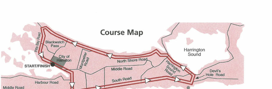 Island Fun 14 Course Map of the Bermuda Marathon showing the route from Start/Finish in Hamilton along North Shore Road, Middle Road, South Road, and back, with landmarks including Blackwatch Pass, Harrington Sound, Devil's Hole Road, and John Smith's Bay.