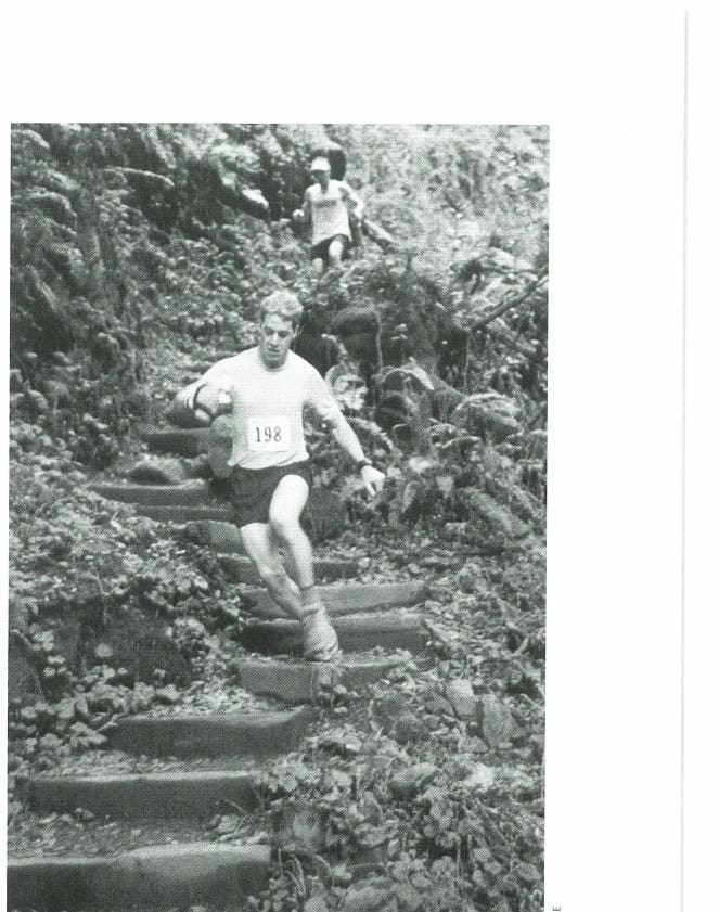 The author charges the Dipsea Trail to Stinson Beach during his 4:38:25 quadruple Dipsea.