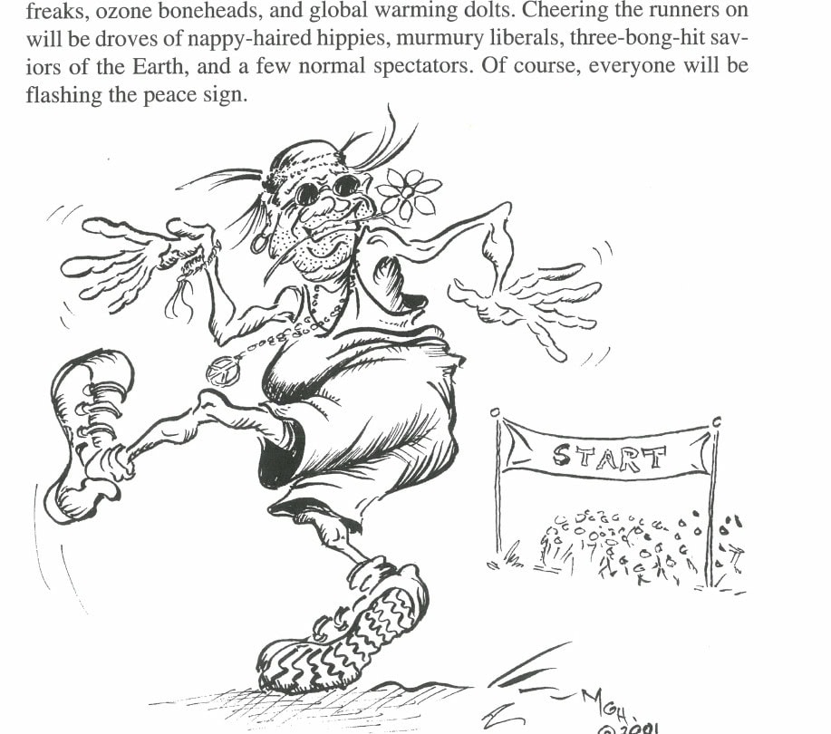 3 × Tim 5 Illustration by Michael Hughes © 2001 — a hippie runner charging toward the START line.