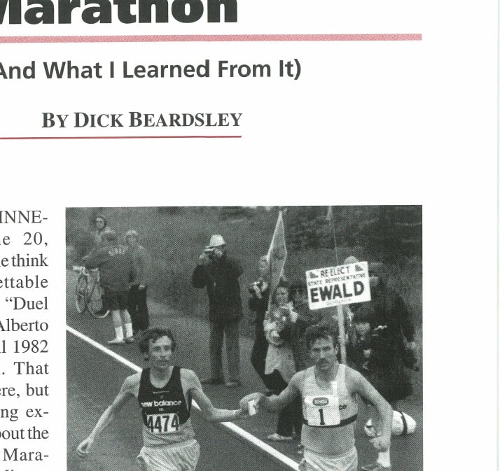 Dick Beardsley (left) and Garry "BJ" Bjorklund share the lead—and their water—in the early miles of the 1981 Grandma's Marathon.