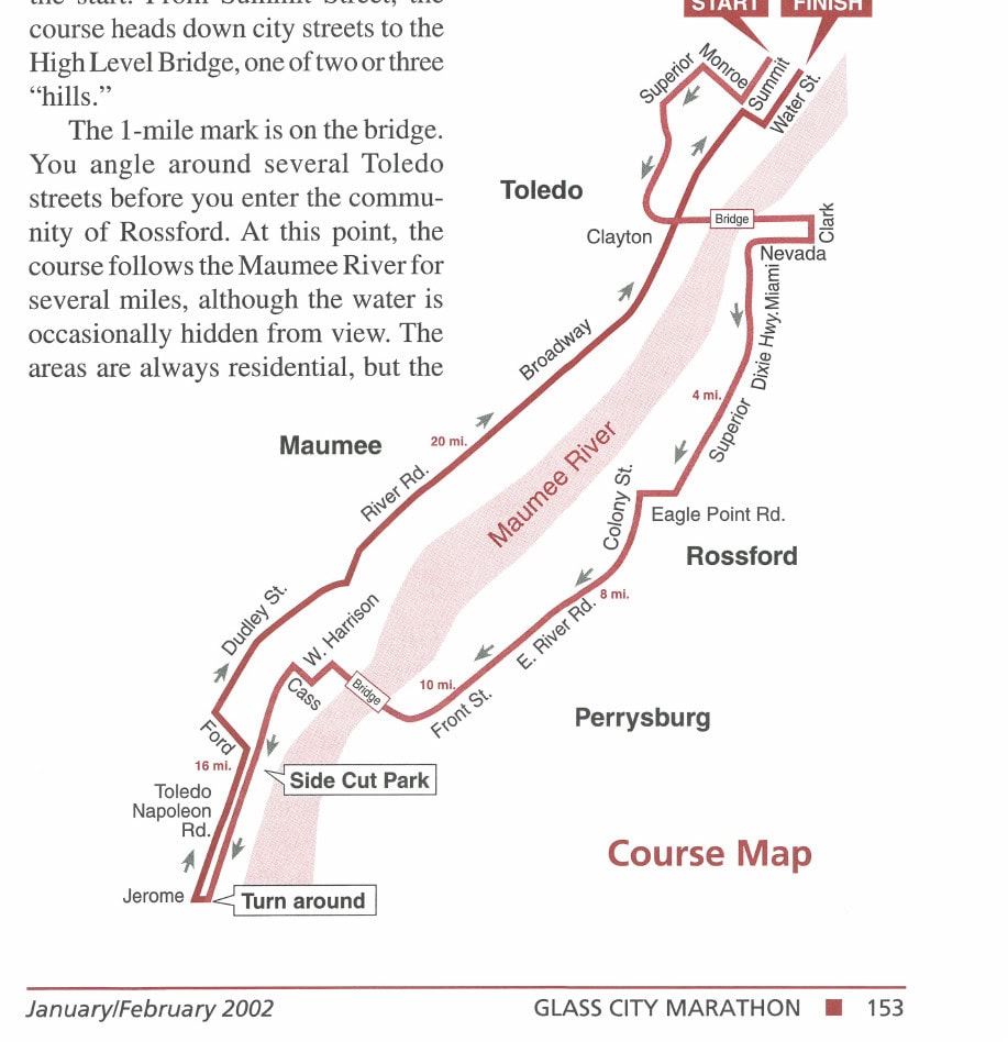 Course Map of the Glass City Marathon showing the route through Toledo, Rossford, Perrysburg, Maumee, and Side Cut Park along the Maumee River.