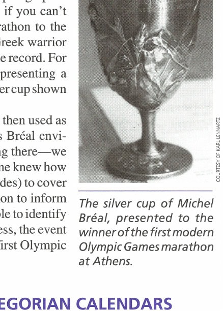 The Pheidippides Legend: The Marathon 5 The silver cup of Michel Bréal, presented to the winner of the first modern Olympic Games marathon at Athens.