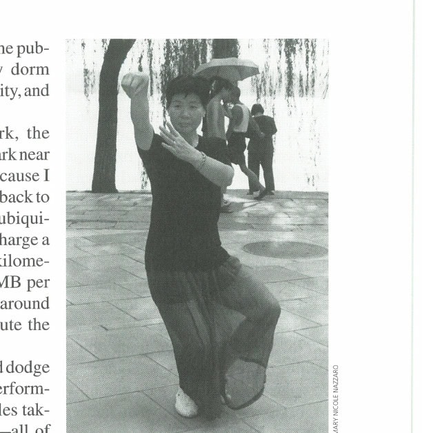 The author escaped the city's polluted air by running in its many parks, but that also meant dodging tai chi classes at 6:00 in the morning.