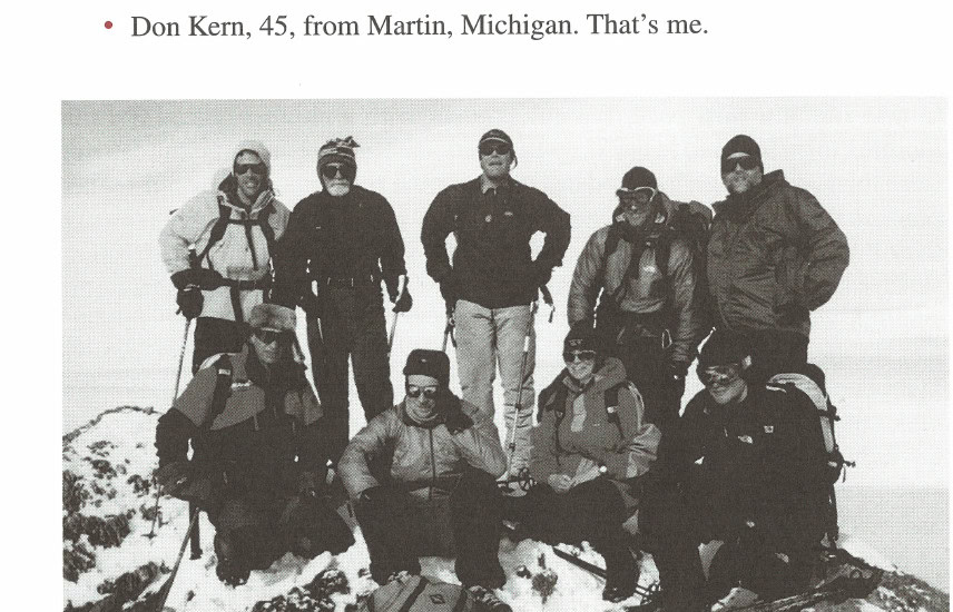 The group on top of one of the short peaks of Patriot Hills: (top row, L to R) Dean, Brent, Bean, Doug, Don; (bottom row, L to R) Duncan, Richard, Ute, Rafi.