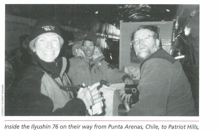 Inside the Ilyushin 76 on their way from Punta Arenas, Chile, to Patriot Hills, Antarctica, are (left to right) Ute Gruner, Dean Karnazes, and Don Kern.
