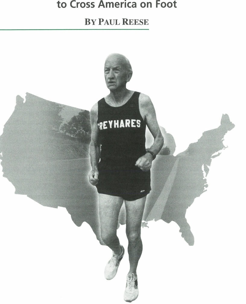Paul Reese, wearing a Greyhares singlet, running against a backdrop of a map of the United States.