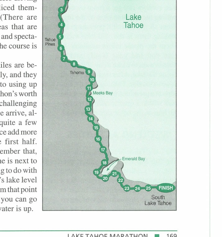 Course Map showing the Lake Tahoe Marathon route from Start at Tahoe City to Finish at South Lake Tahoe, with mile markers 1–25 along the west shore of Lake Tahoe, passing through Tahoe Pines, Tahoma, Meeks Bay, and Emerald Bay.