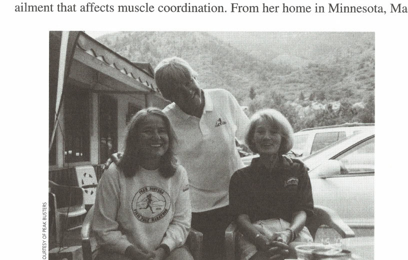 To the Peak 15 Peggy Plonka (right) with fellow Peak Buster Susan Scott (left) and Penny Bever's husband Edd, in drag.