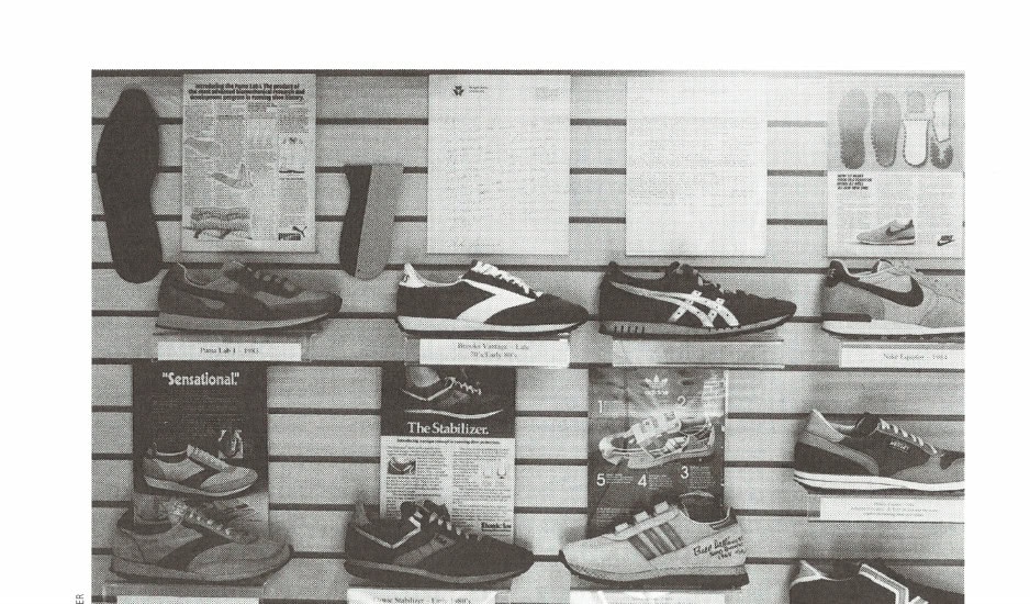 A portion of Bob Roncker's impressive vintage shoe collection on display at his running store in Cincinnati.
