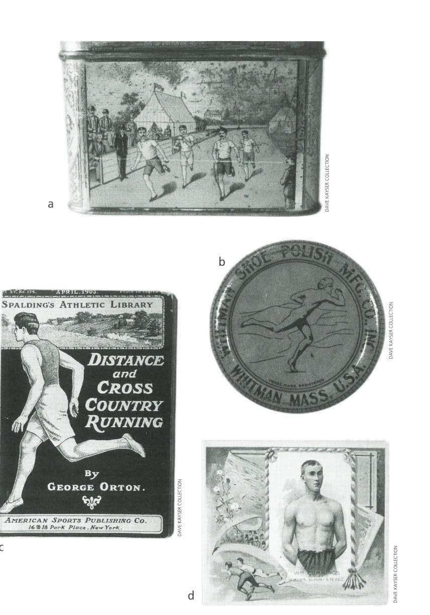 Prized items from the author's collection: a) 19th-century cracker tin; b) early 20th-century Marathon Shoe Polish tin; c) Spalding instructional manual; d) Allen and Ginter card of William Cummings.