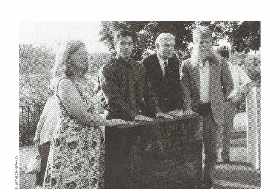 DeMar@Home: What Was It Like With "Mr. Marathon" Living in the Same Neighborhood? 26 A striking Italian black marble monument was dedicated in 2001 to the late Clarence H. DeMar on his birthday, June 7, in Melrose, MA. Shown left to right: Barbara (DeMar) Roberts; ex-mayor, Patrick C. Guerriero; Bill Squires, Sr., who organized the event; and Charles Rodgers, Bill Rodgers's brother.