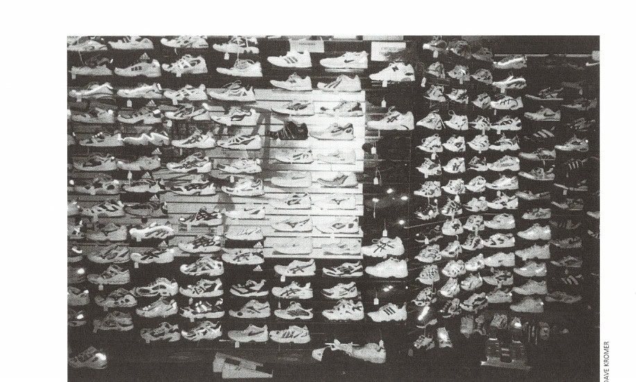The Wall of Shoes at Bill Rodger's Running Center in Massachusetts.
