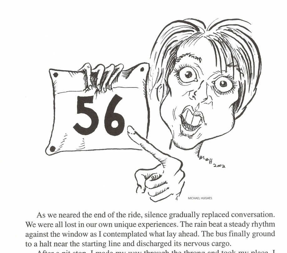 Best of Times, Worst of Times 5 Illustration by Michael Hughes depicting the author with bib number 56.