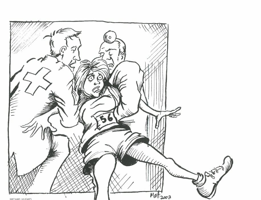 Best of Times, Worst of Times 6 Illustration by Michael Hughes showing a runner being assisted by medical personnel.
