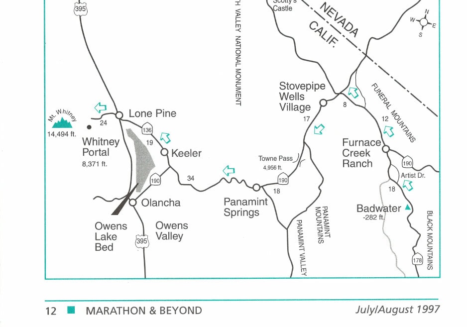Into the Valley of Death 21 Map of the Death Valley region showing the route between Badwater (-282 ft.) and Mount Whitney (14,494 ft.), including key landmarks such as Furnace Creek Ranch, Stovepipe Wells Village, Scotty's Castle, and the surrounding mountain ranges.