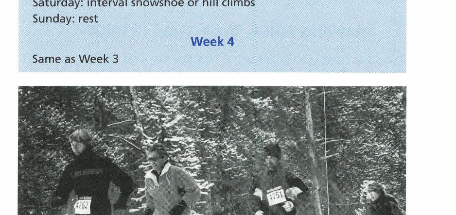 Shoeing Away Winter 8 Snowshoers racing through a snowy forest. Photo by Darrin Eisman.