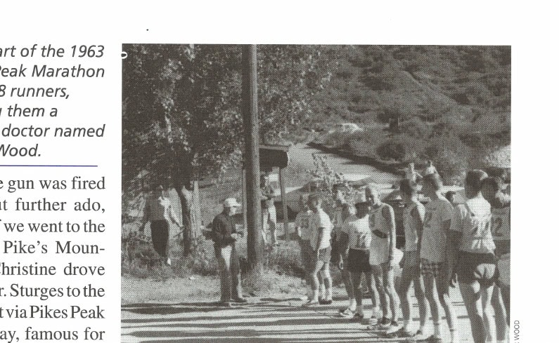 The start of the 1963 Pikes Peak Marathon with 28 runners, among them a young doctor named Peter Wood.