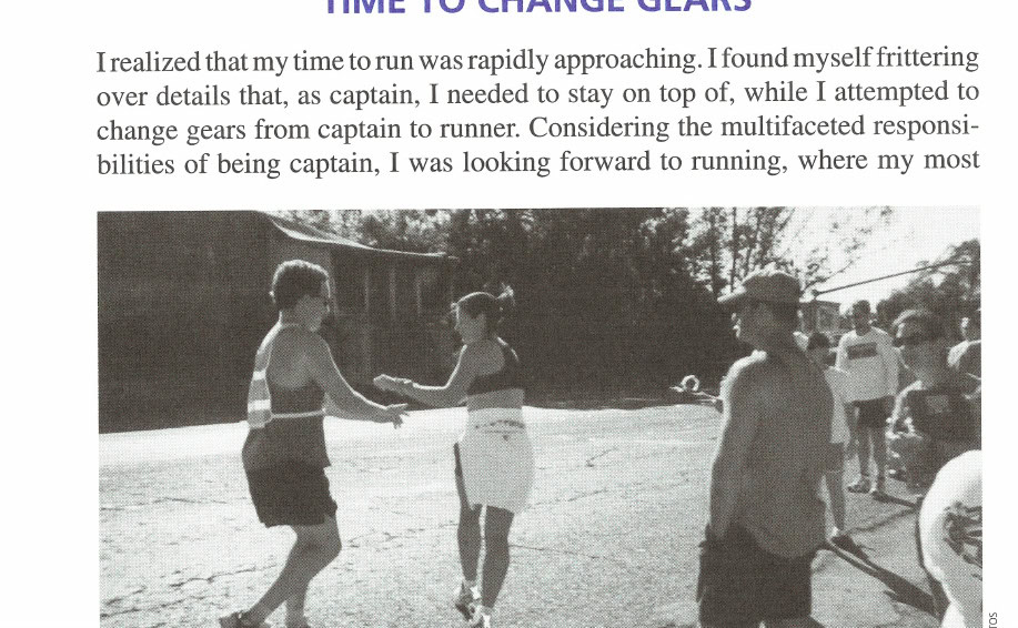 Josh (runner 8) hands off to Tahiea (runner 9) during the first leg.