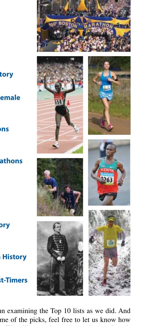 Photos accompanying the 100th Issue Special Section Top 10 lists, including images of the Boston Marathon, elite runners, and ultrarunners.