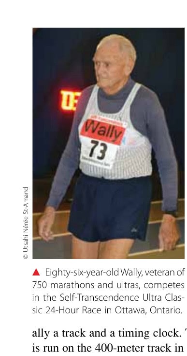 Eighty-six-year-old Wally, veteran of 750 marathons and ultras, competes in the Self-Transcendence Ultra Classic 24-Hour Race in Ottawa, Ontario.