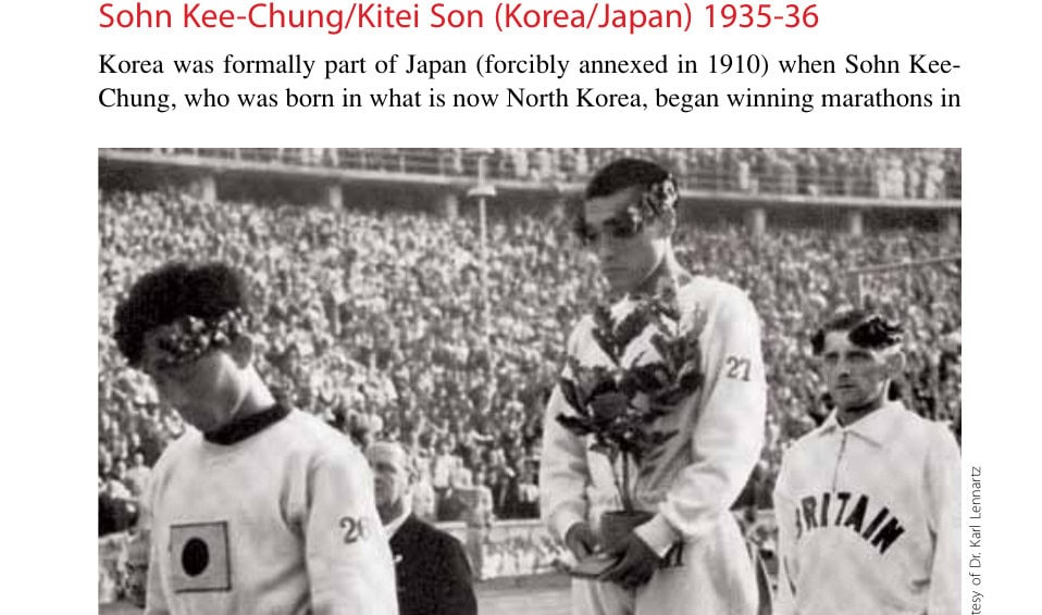 Two Koreans representing Japan—on the victory stand, from left, bronze medalist Nam Sung-Yong/Shoryu Nan and gold medalist Sohn Kee-Chung/Kitei Son—led the Asian marathon upsurge at the 1936 Olympics in Berlin.