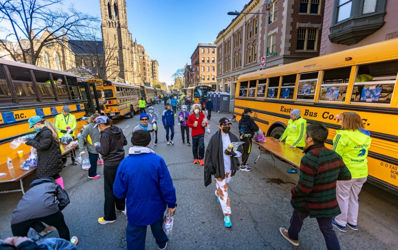 Buses lined up at the boston marathon