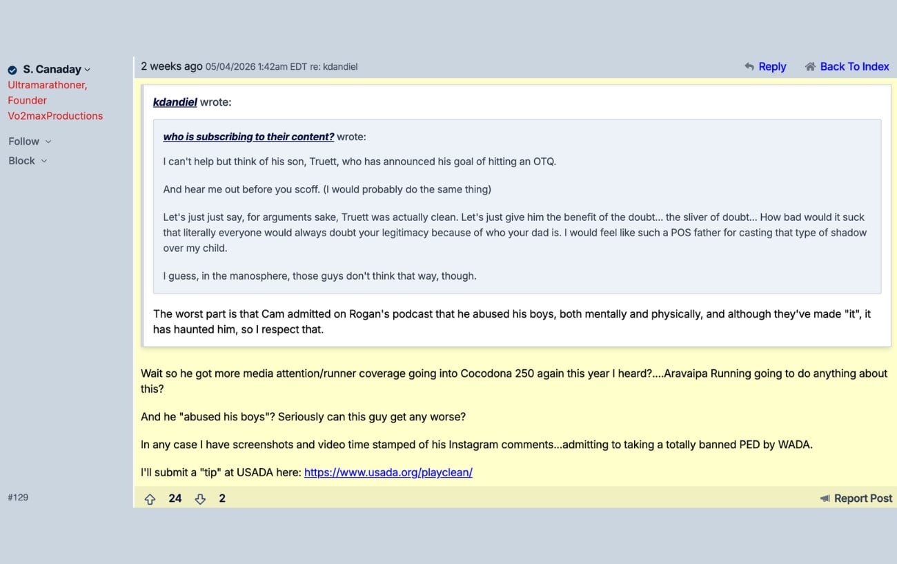 Sage Canaday Reports Cam Hanes to USADA After 58-Year-Old's 2:39 Eugene Marathon 3