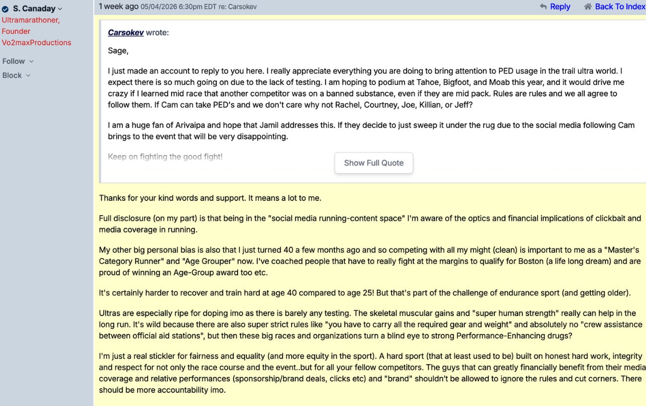 Sage Canaday Reports Cam Hanes to USADA After 58-Year-Old's 2:39 Eugene Marathon 4