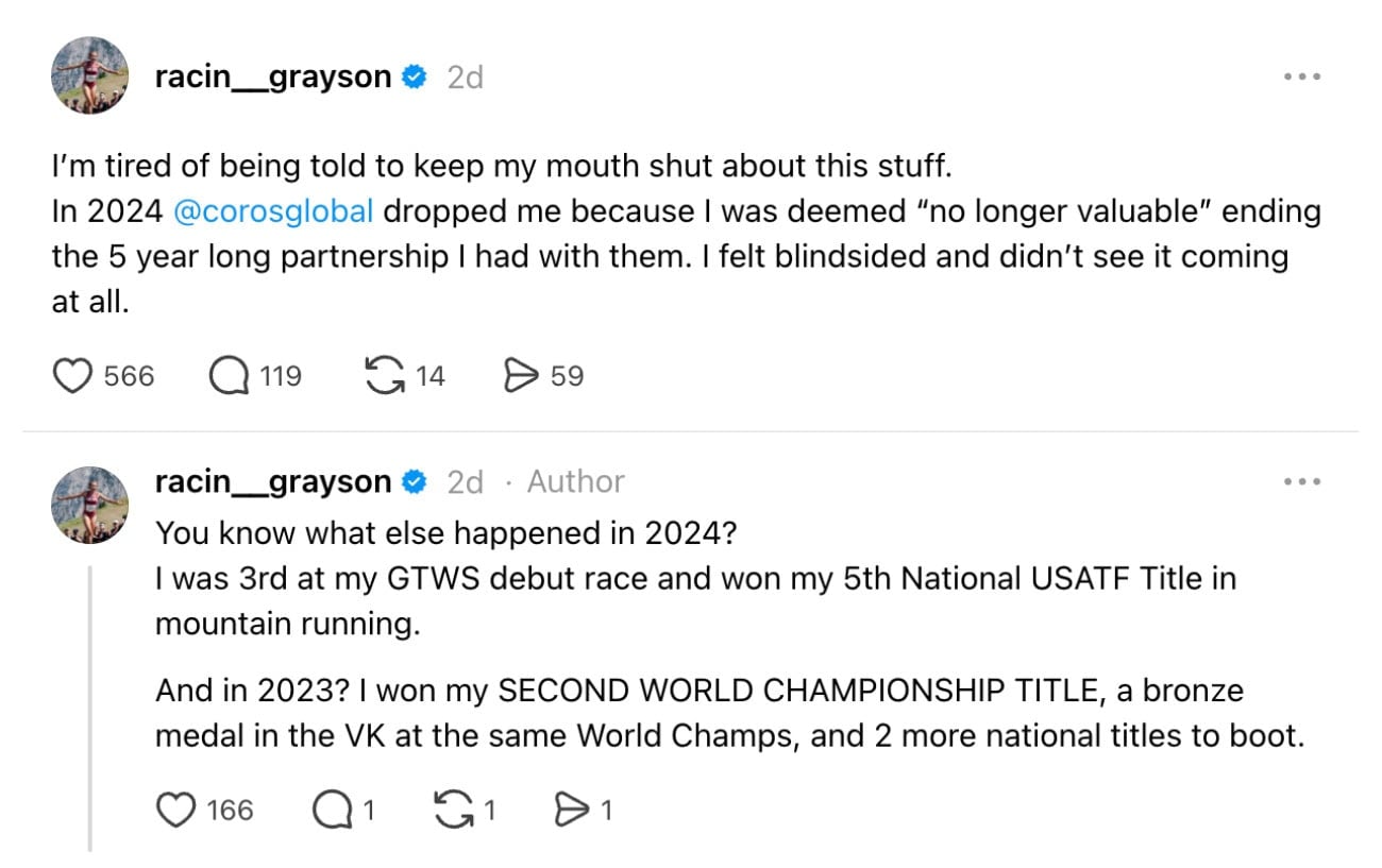 Two-Time World Champion Says COROS Dropped Her for Being 'No Longer Valuable' 1 Two-Time World Champion Says COROS Dropped Her for Being 'No Longer Valuable' 1