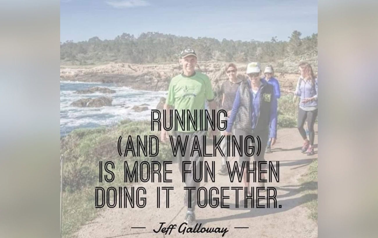 "He Was a Man on a Mission”: Barb Galloway Reflects on 50 Years With Running Legend Jeff Galloway 2 Jeff Galloway walking with a group of people by the ocean. The phrase on screen is, "running and walking is more fun when doing it together."