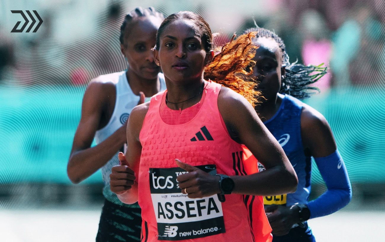 Tigst Assefa leading Joyciline Jepkosgei and Hellen Obiri at 2026 London Marathon