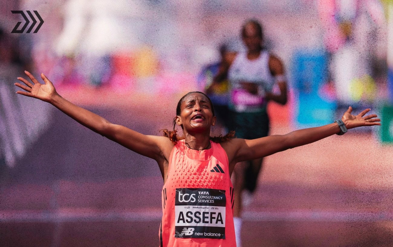 Tigst Assefa celebrating winning the 2026 London Marathon