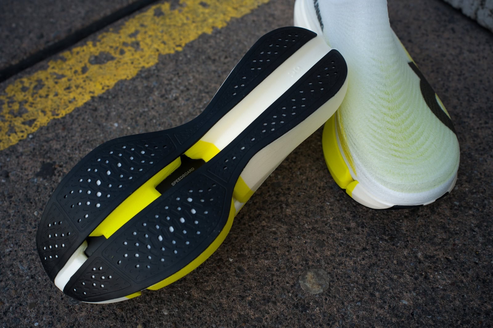 The outsole of the On Cloudboom Strike 2 showing the new rubber compound