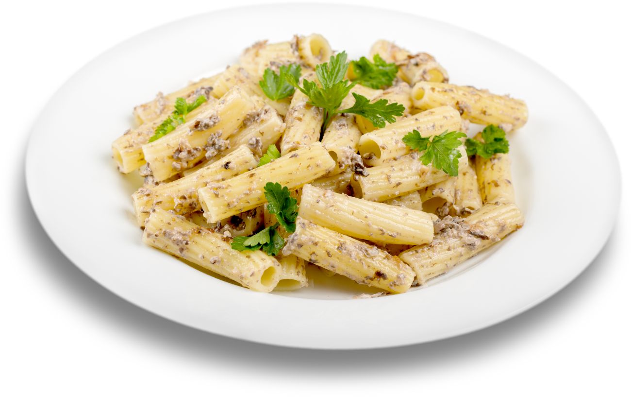 A plate of pasta and parsley.